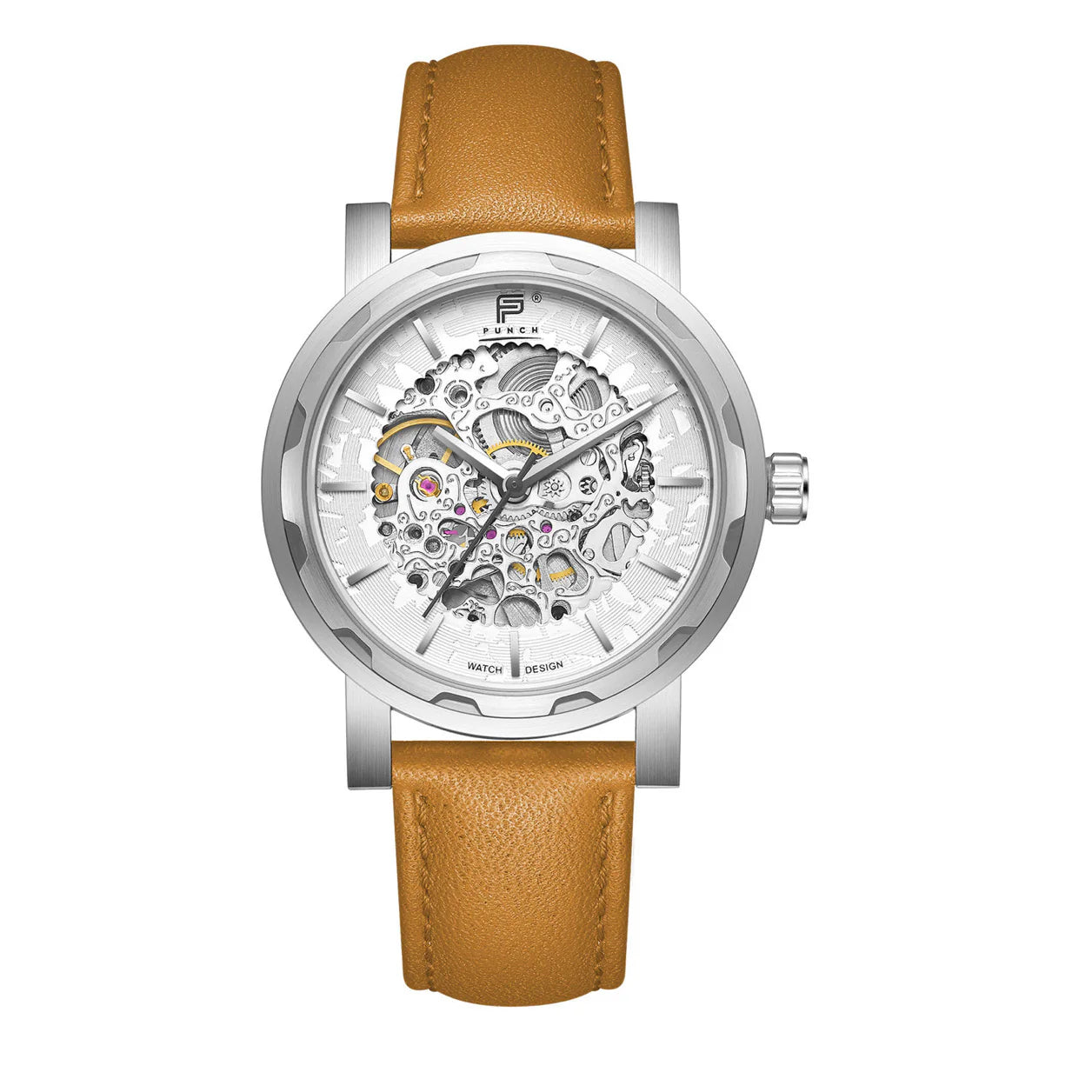 Silver Mens Watch with white Face, Skeleton Design, tan leather watch Strap - Front View, men's Watches