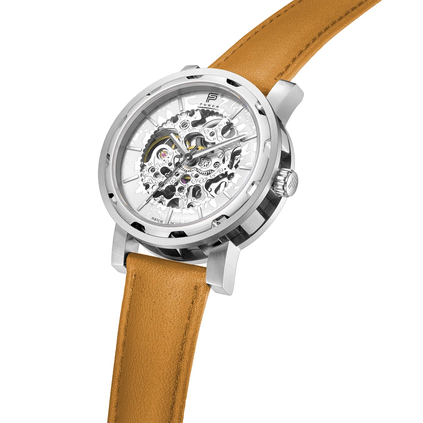 Mens Silver Automatic Watch - Tan Leather Strap l PUNCH - PUNCH Watch & Eyewear - Punch Watch Design