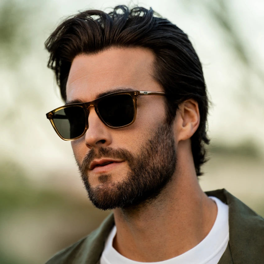 Man wearing WMP Eyewear Wesley square sunglasses, bold men’s designer shades with modern style